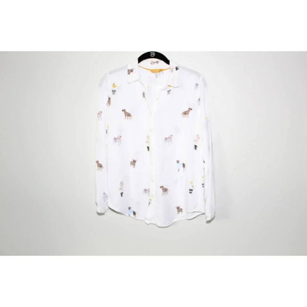Joules Elvina Dog Print Button Up Shirt White Blouse LS Women's Size 2 H13483 - Picture 9 of 14